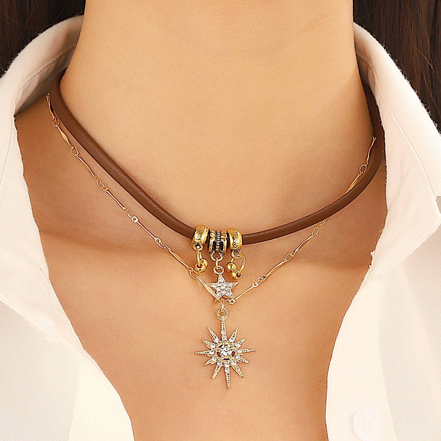 Wholesale Women' s eight-pointed star brown leather necklace
